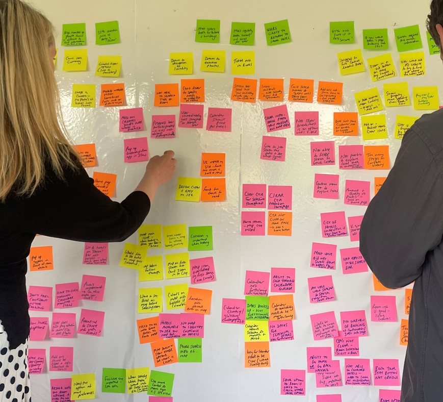 Two people are moving post it notes around on a large whiteboard. There are roughly 100 notes on the board in 4 different colours.