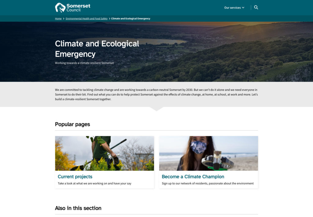 Screenshot of the Climate and Ecological emergency page on the Somerset Council website