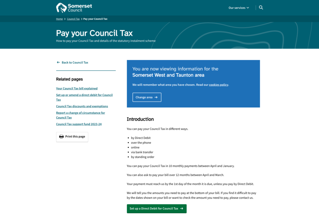 Screenshot of the Pay your Council Tax page on the Somerset Council website