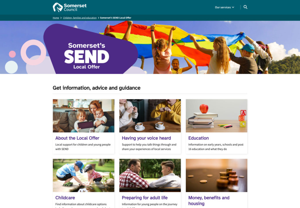 Screenshot of the SEND Local Offer page on the Somerset Council website
