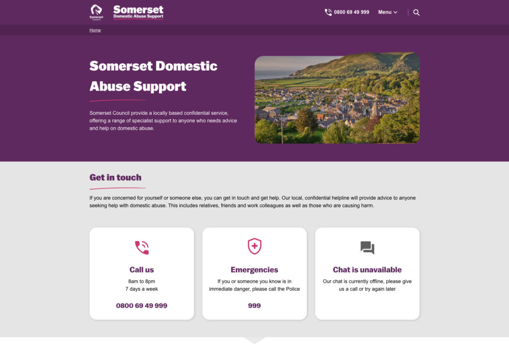 Screenshot of the Somerset Domestic Abuse Support website front page