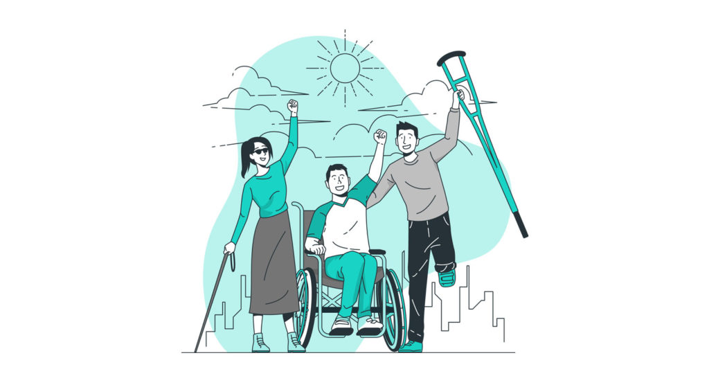 An illustration of three people with disabilities celebrating