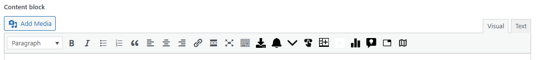 The content block ribbon contains a series of icons which represent different text editing tools. There is also an add media button, and tabs for visual view and plain text view.