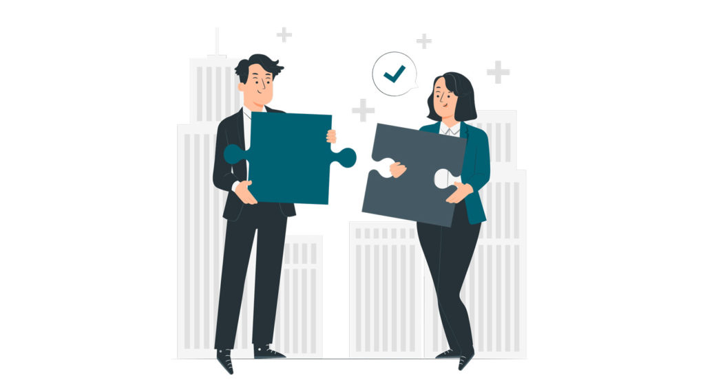 An illustration of two people each holding a puzzle piece that connect together